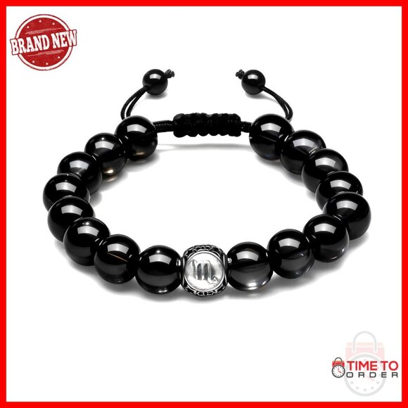 Jewelry - Adjustable Sterling Silver Obsidian Zodiac Bracelet Unisex Bangle
